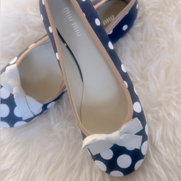 Miu Miu Navy Blue / Cream  Canvas Polka Dot Espadrille Bow Flats Size 37 - Picture 8 of 8